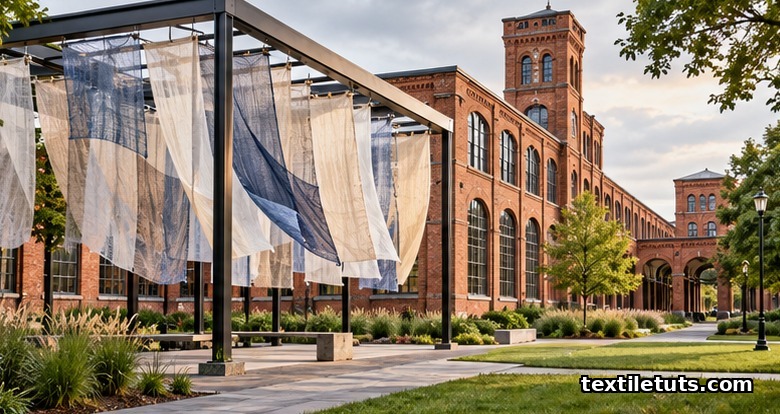 Historic red-brick textile college campus with arched windows and modern nonwoven fabric installation on a green quad at dawn.