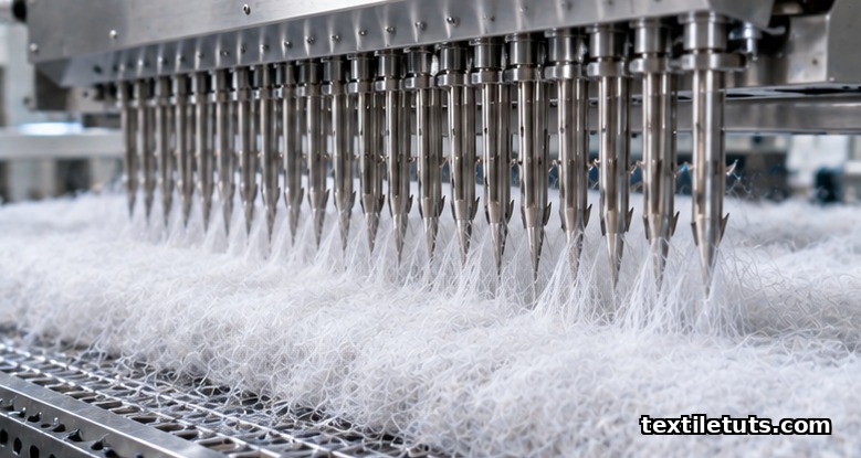 Close-up of an industrial needle loom with barbed felting needles descending into a carded polypropylene fiber batt.