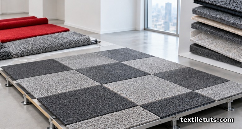 Commercial interior with carpet tiles on raised floor alongside samples of automotive trunk liner and acoustic underlay.