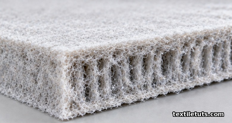Cross-section of a needle-punch nonwoven carpet slab showing felt-like fiber structure with vertical Z-direction fibers interlocking horizontal layers.