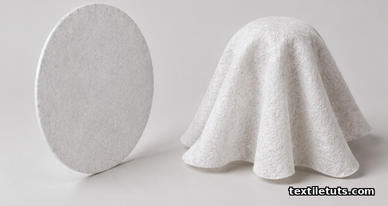 Side-by-side comparison: stiff nonwoven standing upright like cardboard versus soft nonwoven folding into gentle waves.