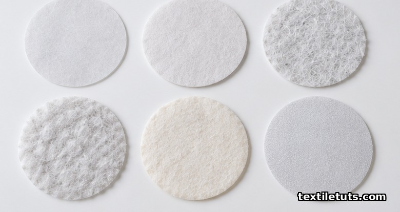 Overhead view of six different nonwoven fabric swatches showing varied textures and structures for drape comparison.