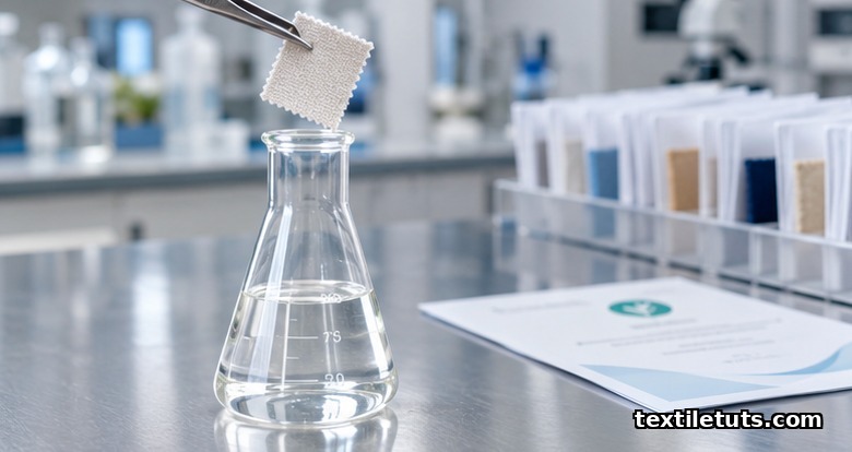 Fabric swatch held by tweezers above glass flask in clean laboratory scene depicting OEKO-TEX certification testing.
