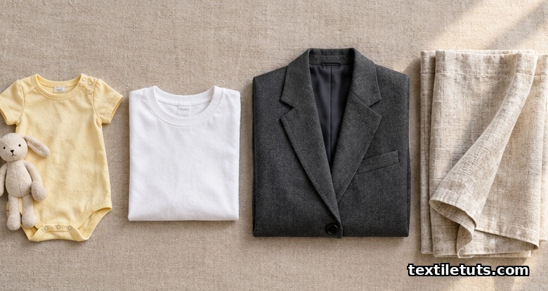 Flat-lay of baby romper, adult t-shirt, blazer, and linen curtain showing the four OEKO-TEX Standard 100 product classes.