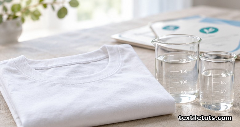 Folded white cotton t-shirt beside laboratory beakers on linen surface, illustrating OEKO-TEX Standard 100 textile safety testing.