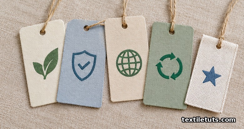 Arrangement of five textile hangtags with symbolic icons illustrating OEKO-TEX compared to other textile certifications.