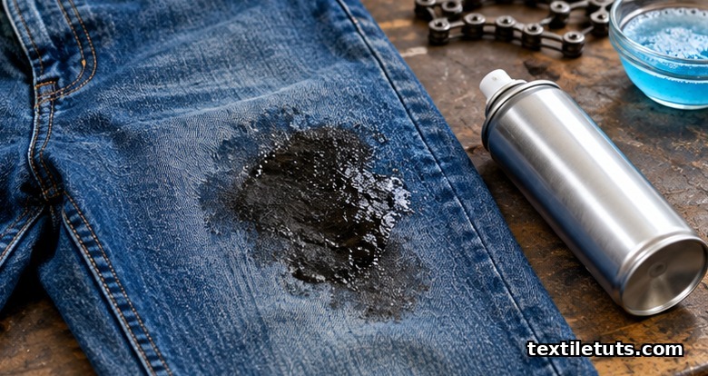 Dried motor oil stain on denim work trousers being re-liquefied with a spray lubricant on a garage workbench