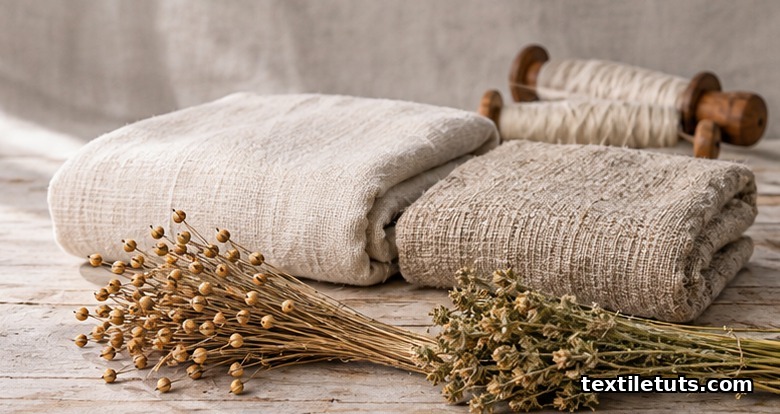 Undyed natural linen and hemp cloth folded on a wooden bench with raw flax and hemp stems.