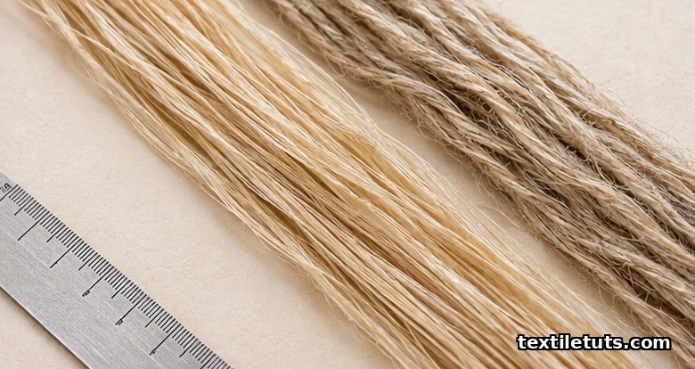 Macro close-up of golden flax and hemp bast fiber bundles beside a millimeter ruler for scale.