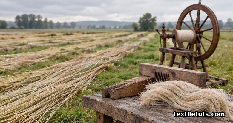 Flax stems laid in a grassy field for dew retting beside a scutching break and spinning wheel.