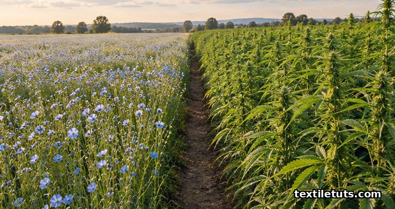 Split landscape of a flowering blue flax field on one side and a tall green hemp crop on the other.