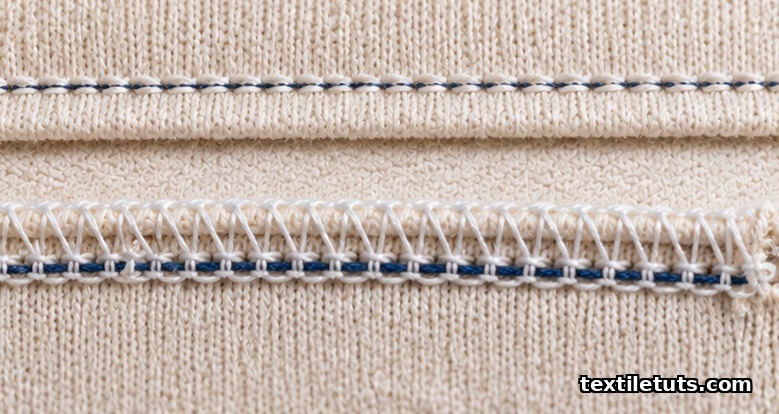 Macro comparison of a lockstitch seam and an overlock seam on cream cotton jersey knit fabric