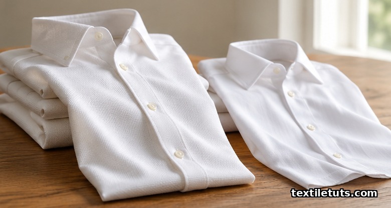 Folded white dress shirts on a wood table showing how oxford fabric folds and drapes with body and structure.