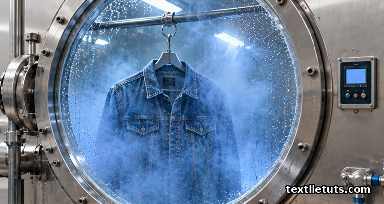 Sealed stainless steel ozone reaction chamber with a denim garment hanging inside and pale blue gas visible through a porthole.