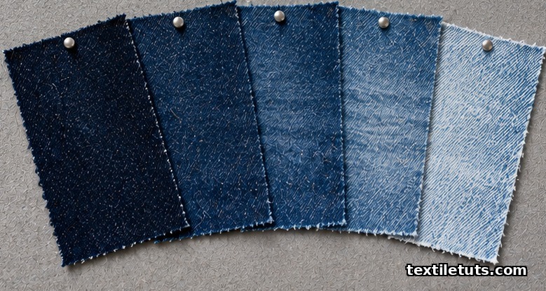 Five indigo denim swatches fanned from dark navy to pale chalky blue, pinned to a grey corkboard showing ozone-faded twill weave.