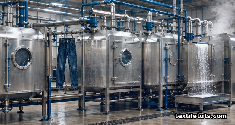 Industrial denim finishing line of four connected stainless steel chambers for humidification, ozone contact, destruct, and rinsing.