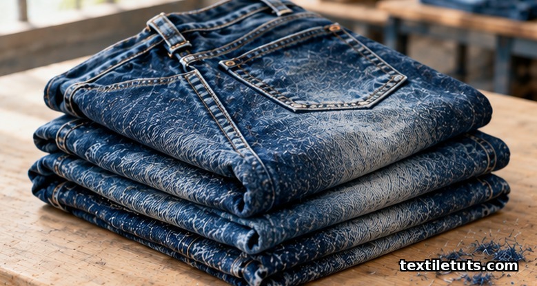 Stack of faded blue denim jeans on a wood workbench showing gradient indigo fading from deep navy seams to pale blue thighs.