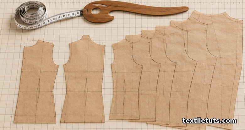 Master pattern block laid flat next to fanned graded size variations on a cutting table