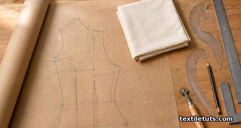 Pattern-making workbench with kraft paper sloper, folded muslin, French curves, and drafting rulers in soft daylight