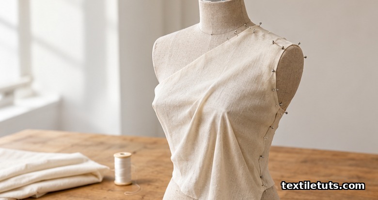 White muslin draped over a linen-covered dress form on a chrome stand, pinned at the shoulder and side seam
