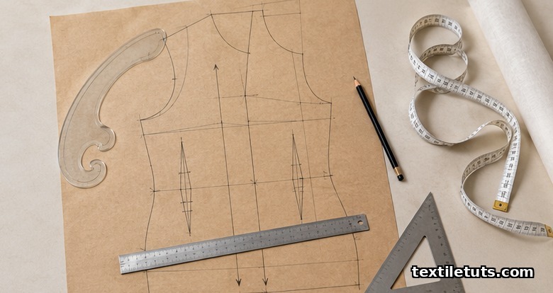 Overhead view of a bodice sloper drafted on kraft paper with French curve, metal ruler, and set square on a cream table