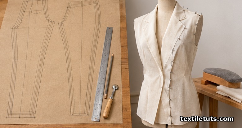 Split worktable showing a drafted trouser block on kraft paper beside a dress form with muslin draped at the collar