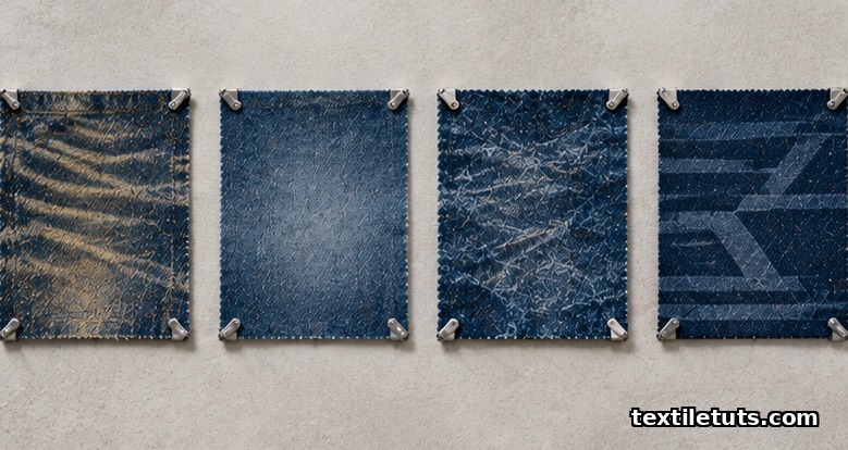 Four denim swatches comparing permanganate, hypochlorite, ozone, and laser bleach finishes side by side.