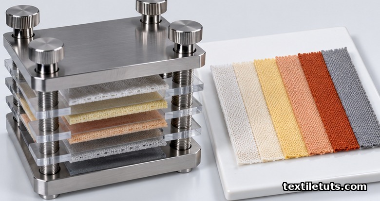 Stainless-steel perspirometer apparatus with acrylic plates beside a multifibre adjacent fabric strip showing six coloured fibre bands.