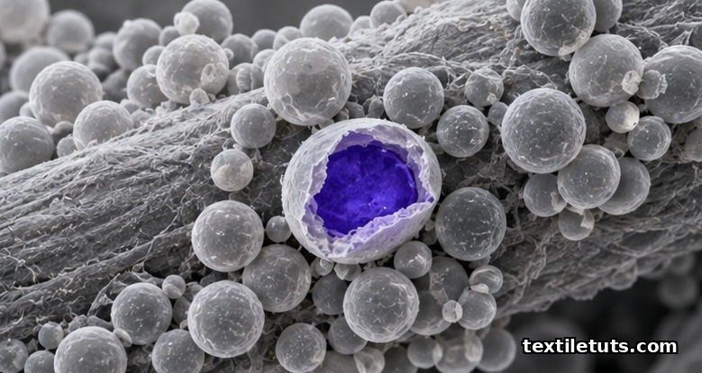 Microscopic close-up of 1-5 micrometer polymer microcapsules on a fiber; one capsule in cross-section shows colored dye enclosed inside a melamine-formaldehyde wall.