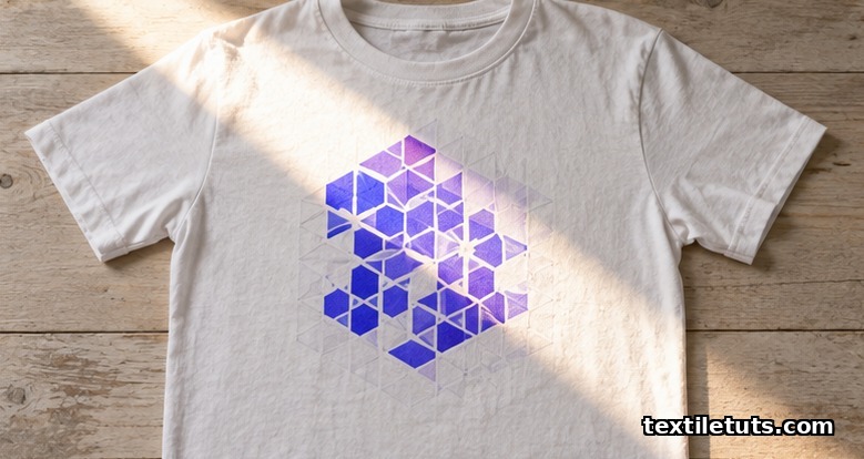 White cotton T-shirt on a wooden surface; a sunlit diagonal reveals a vivid blue-violet photochromic pattern emerging from an otherwise colorless print.