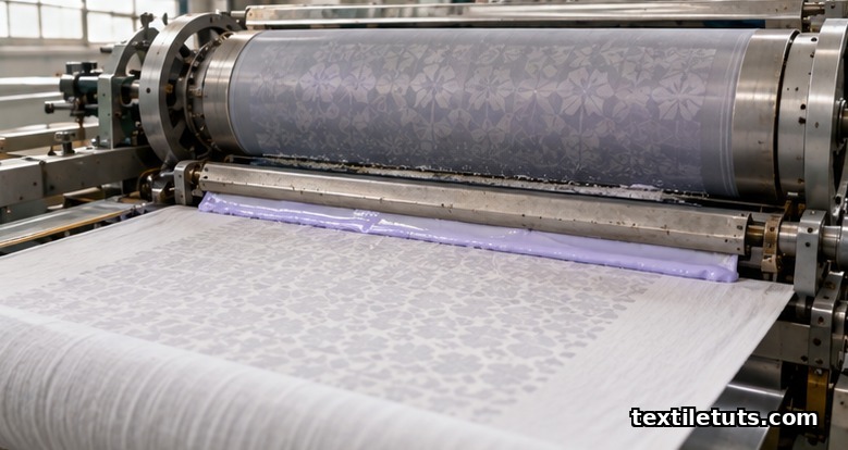 Rotary screen printing machine in a textile mill depositing photochromic ink from a rotating cylindrical screen onto a web of white cotton knit.