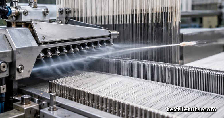 Air-jet loom profiled reed and relay nozzles propelling a fine weft yarn across a parted warp shed.