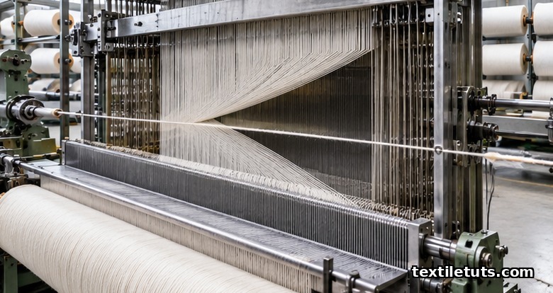 Wide view of an industrial weaving loom with a parted warp shed and weft yarn mid-traverse during weft insertion.