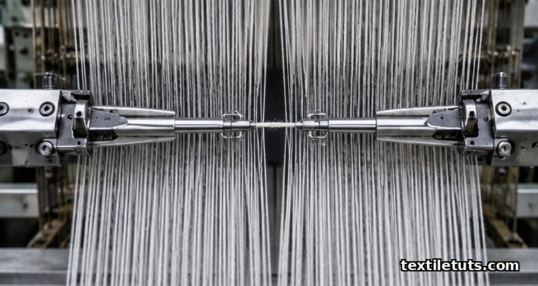 Overhead view of two steel rapier rods meeting in the center of a warp shed to transfer the weft yarn.
