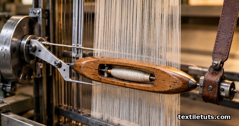 Close-up of a wooden weaving shuttle held by a picker stick inside a parted warp shed on a shuttle loom.