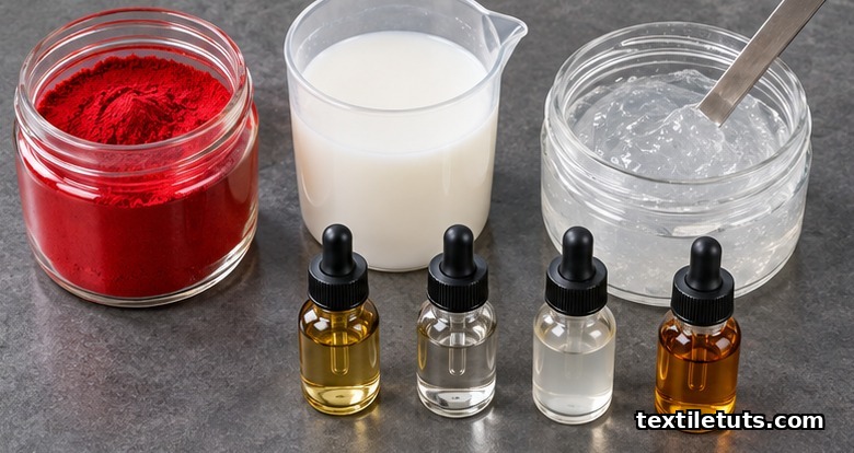 Close-up of pigment dispersion, acrylic binder emulsion, polyacrylate thickener, and small auxiliary bottles on a worktop.