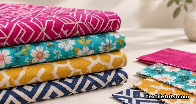 Stacked rolls of vividly pigment-printed cotton fabric in bright geometric and floral patterns on a neutral surface.
