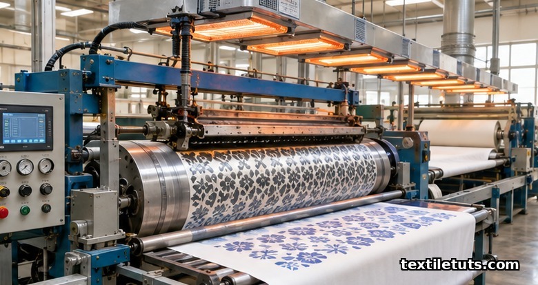 Industrial rotary screen printing machine applying pigment paste to white cotton fabric on a production line.