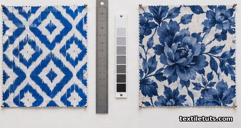 Two cotton swatches pinned on a board comparing pigment print and reactive print finishes in cobalt and indigo.