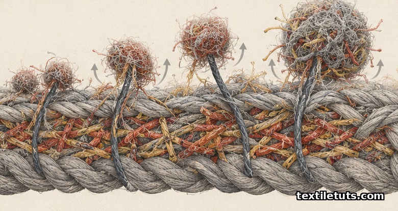 Cross-section of a fabric yarn showing short broken fibres migrating to the surface and forming entangled pills.