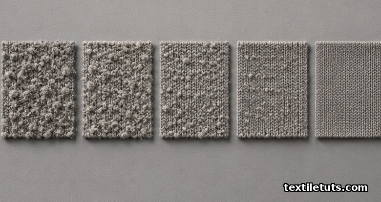 Five fabric swatches arranged left-to-right from severe pilling to no pilling under D65 viewing booth lighting.