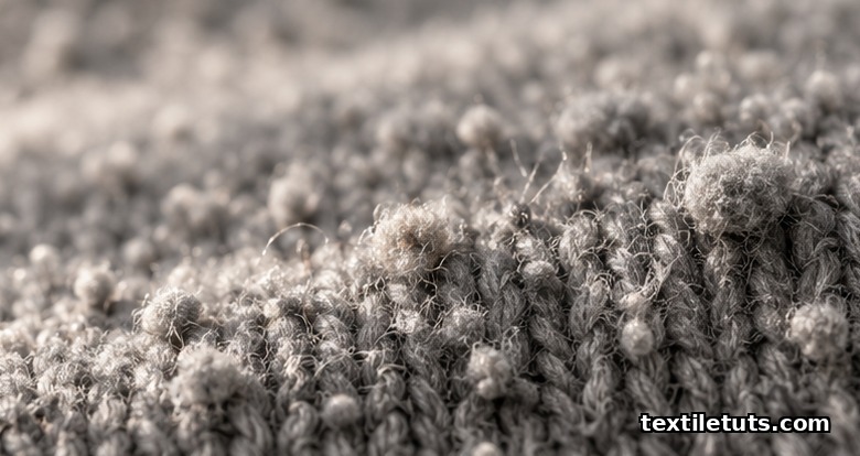 Macro close-up of knit fabric surface showing small fibre pills and fuzz balls, side-lit to emphasize textile texture.