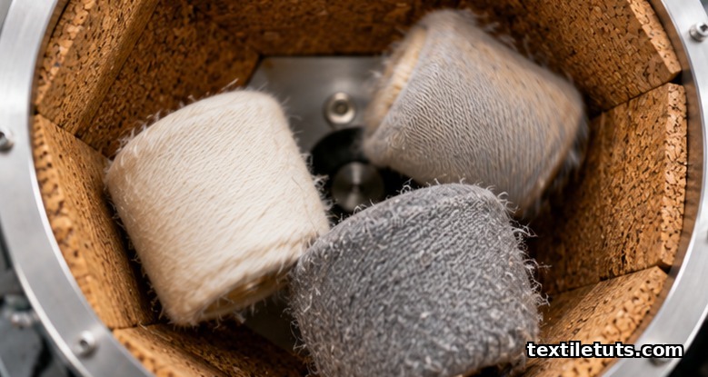 Fabric specimens tumbling inside cork-lined Random Tumble Pilling Tester chamber during pilling resistance test.
