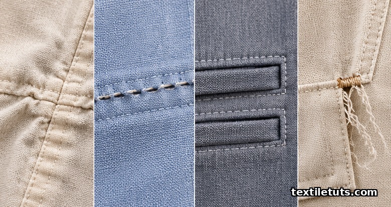 Macro view of sewn garment defects including puckered seam, skipped stitches, misaligned welt, and failed bar tack.