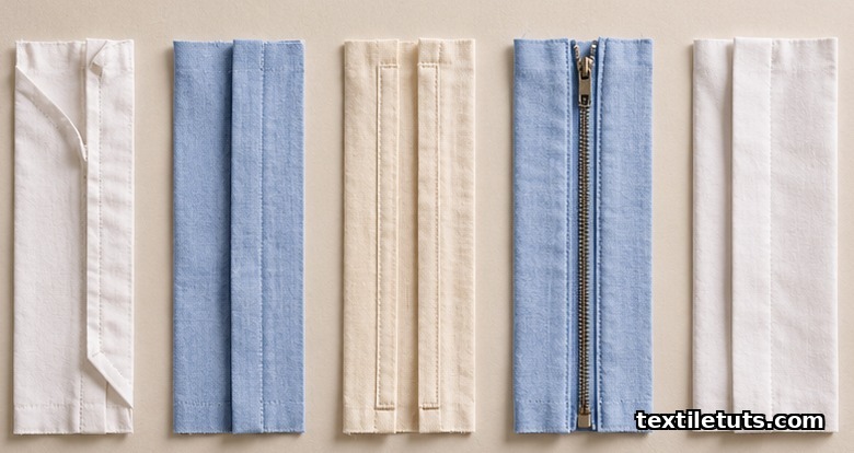 Five placket construction samples arranged in a row showing bound, continuous, two-piece, zipper, and French styles.