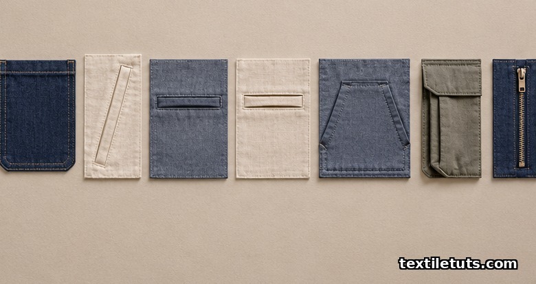 Seven pocket style samples showing patch, inseam, single welt, double welt, kangaroo, bellows, and zippered pockets.