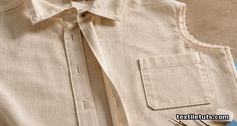 Editorial view of a stitched placket strip and patch pocket piece on woven cotton laid on a neutral cutting table.