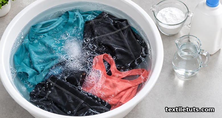 Polyester gym clothes soaking in a basin beside baking soda, white vinegar, and sports detergent to remove odor
