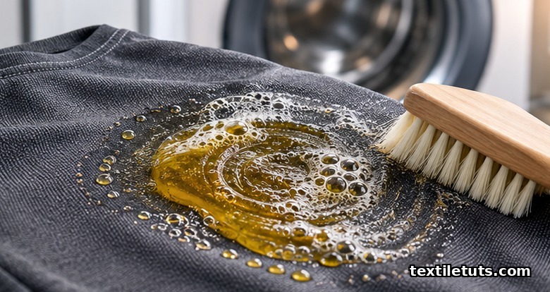 Undiluted dish soap worked into an oil stain on grey polyester activewear fabric with a soft brush