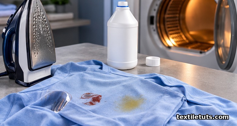 Hot iron, chlorine bleach, and open dryer beside a stained polyester shirt showing heat and bleach damage risks